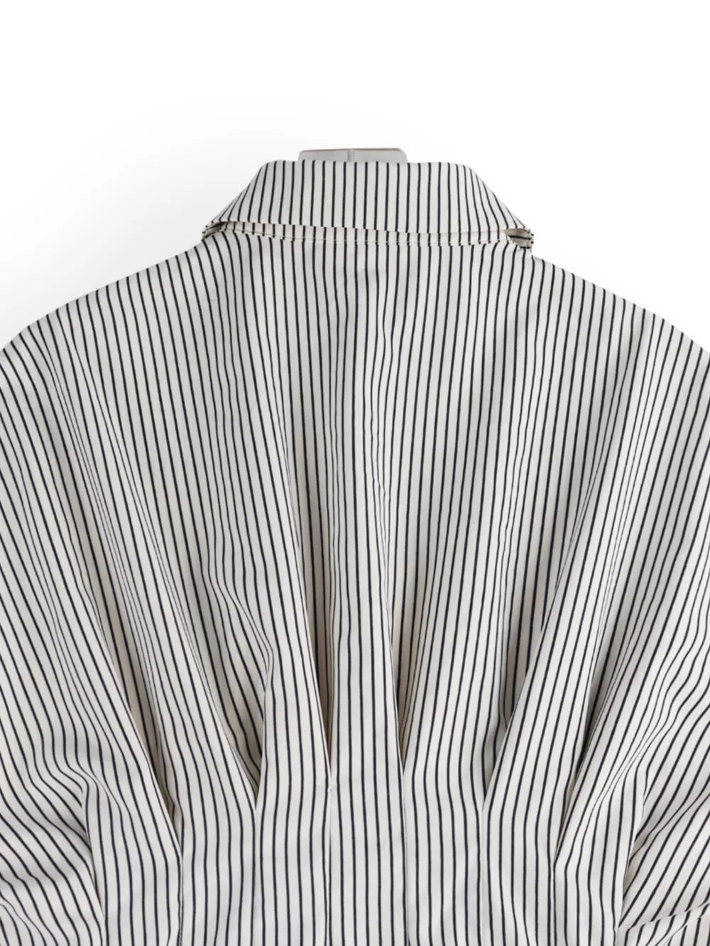 Maternity shirt with black and white vertical stripes, button-down collar detail.