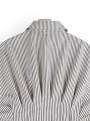 Maternity shirt with black and white vertical stripes, button-down collar detail.