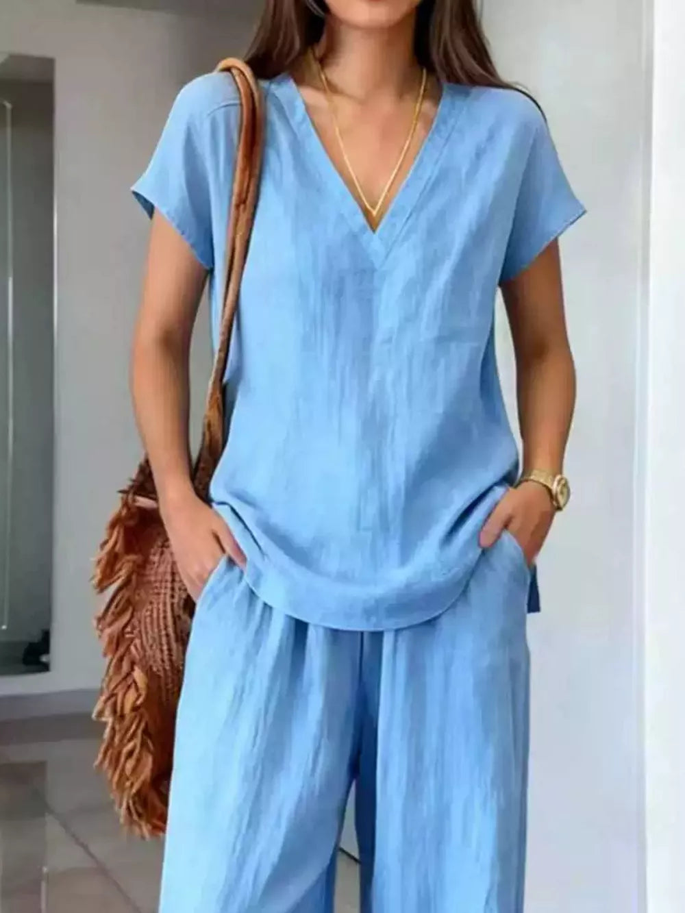 Full Size V-neck Short Sleeve Top And Pants Set in Light Brown, fabric detail
