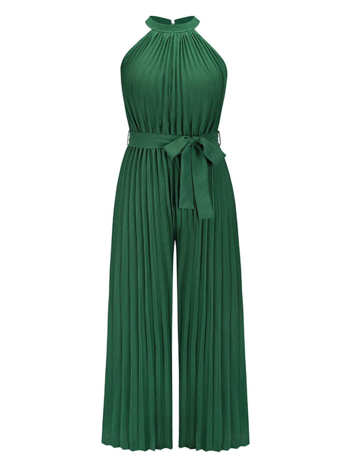 Dark green pleated palazzo jumpsuit with halter neckline and tie waist