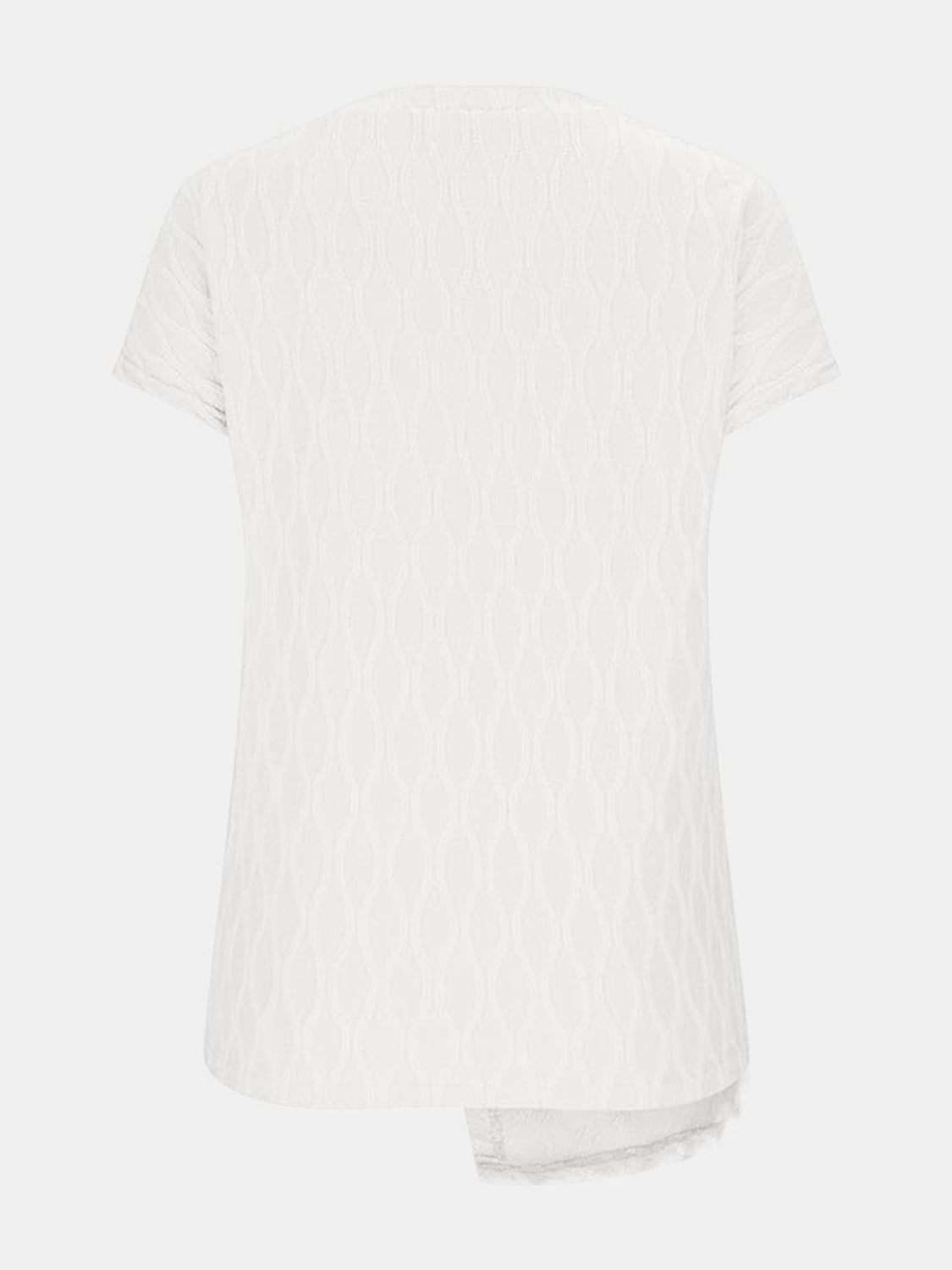 White textured tee with asymmetric hem and knot detail.