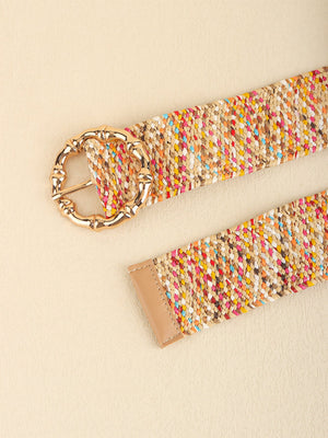 Woven raffia belt with multicolor flecks and a sculpted gold buckle.
