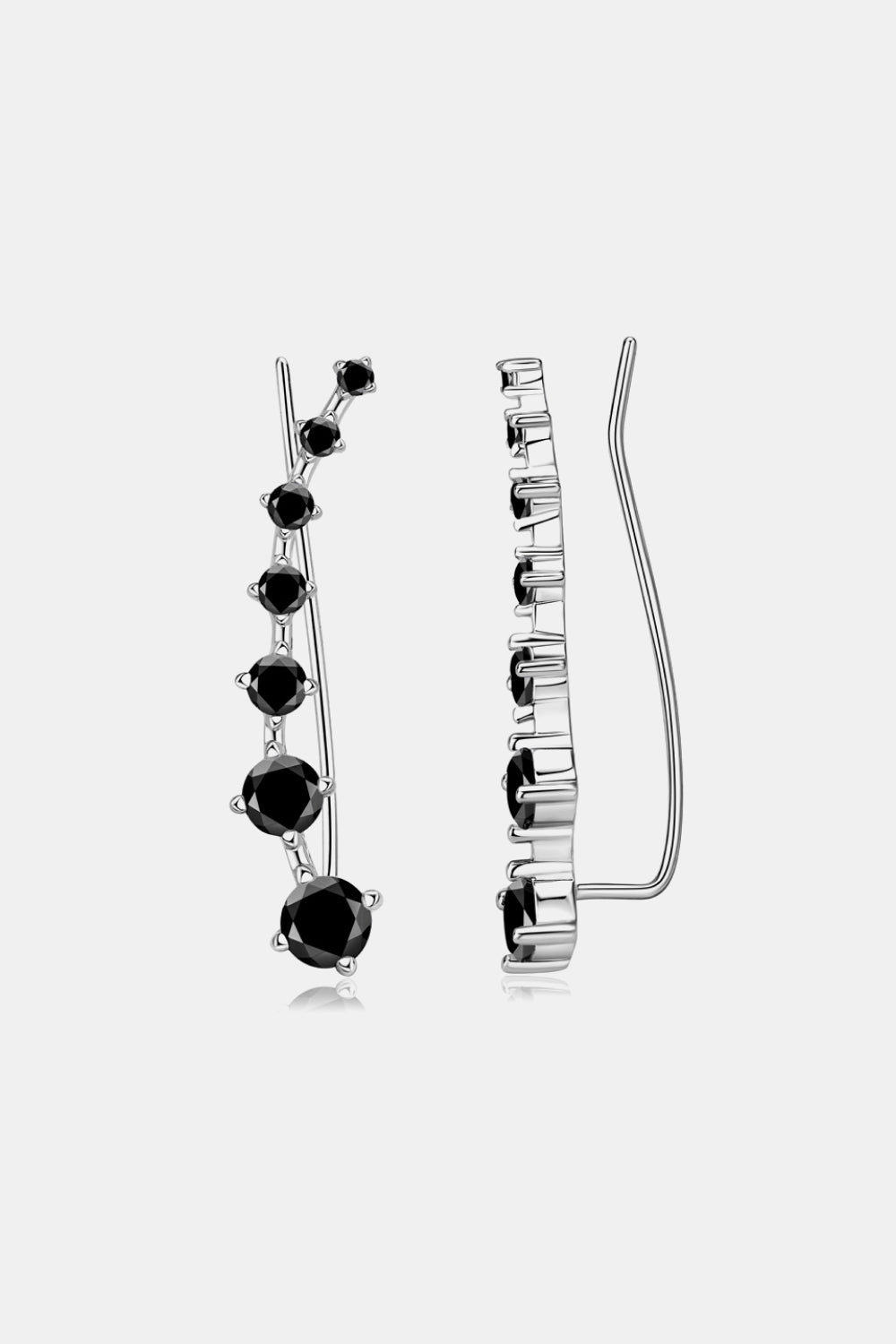 Black diamond ear climbers with silver setting, featuring a cascading design of round black stones.