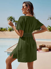Matcha green shirred waistline flutter sleeve mini dress with side slits