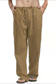 Men's taupe linen drawstring trousers with relaxed fit and side pockets.