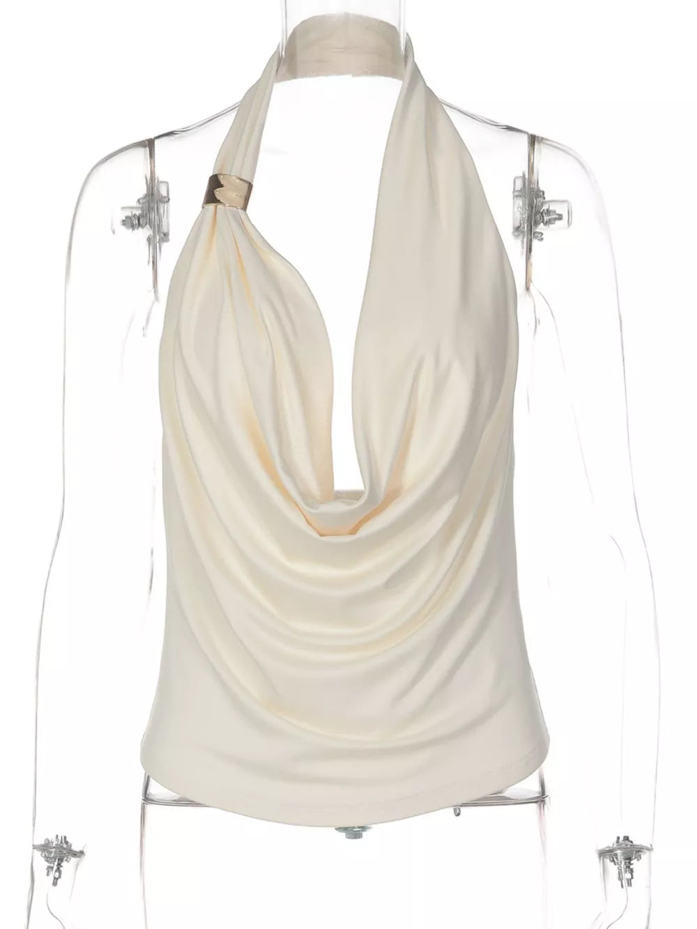 Apricot cowl neck ruched tank top with gold detail
