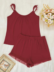 Red ruffled mesh trim lounge set with cami and shorts.