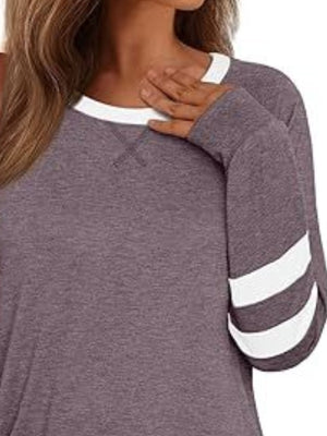 Heathered mauve t-shirt with white contrast neckline and striped sleeves.