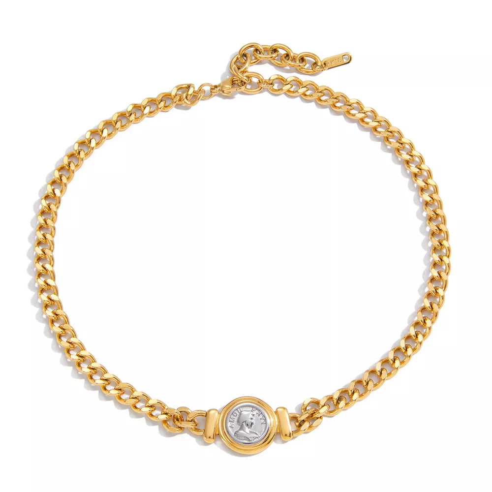 Gold curb chain necklace with vintage coin charm detail