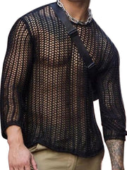 Black open-knit crewneck long sleeve sweater with a sheer, textured pattern.
