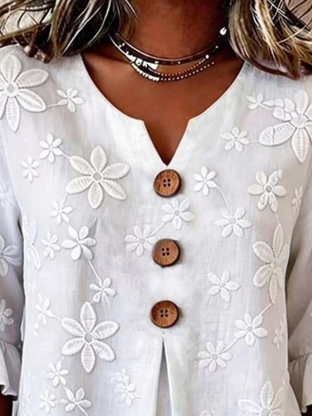Full Size Floral Button Decor 3/4 Sleeve Blouse in White, side view