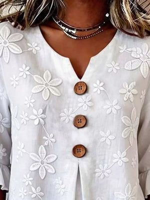 Full Size Floral Button Decor 3/4 Sleeve Blouse in White, side view