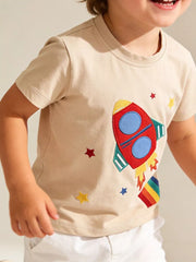 Toddler beige cotton t-shirt with rocket and star embroidery