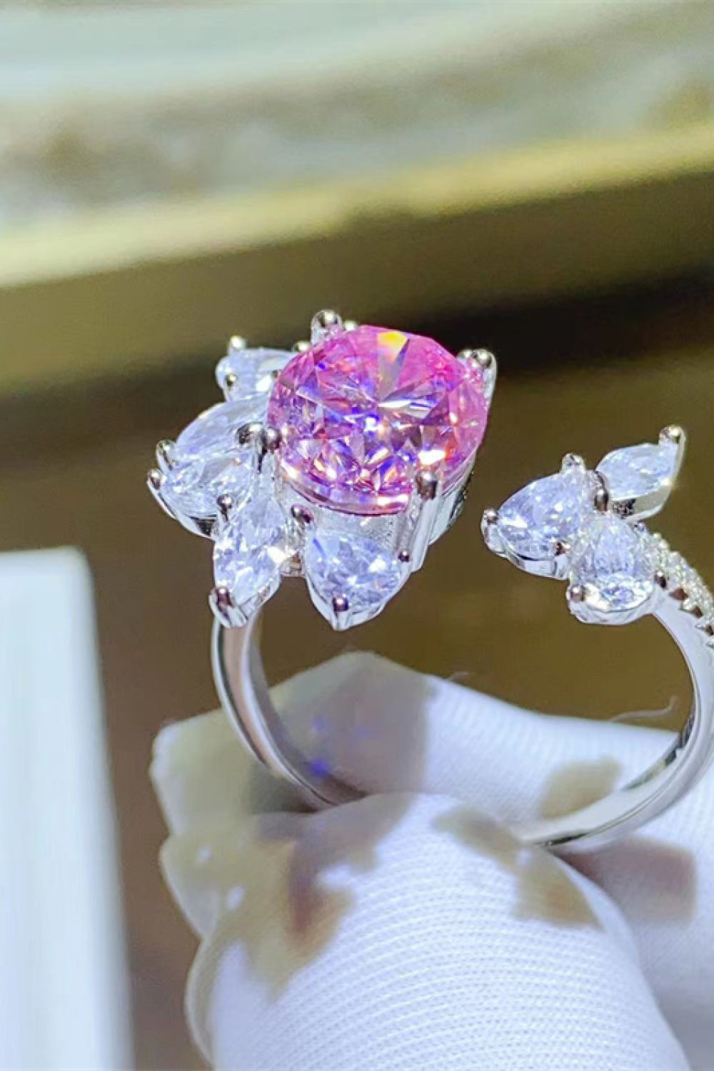 Blossom Halo Pink Crystal Ring with butterfly design and clear accent stones.