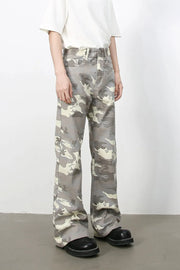 Camouflage flare denim trousers in gray with a relaxed fit.