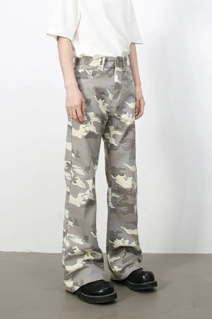 Camouflage flare denim trousers in gray with a relaxed fit.