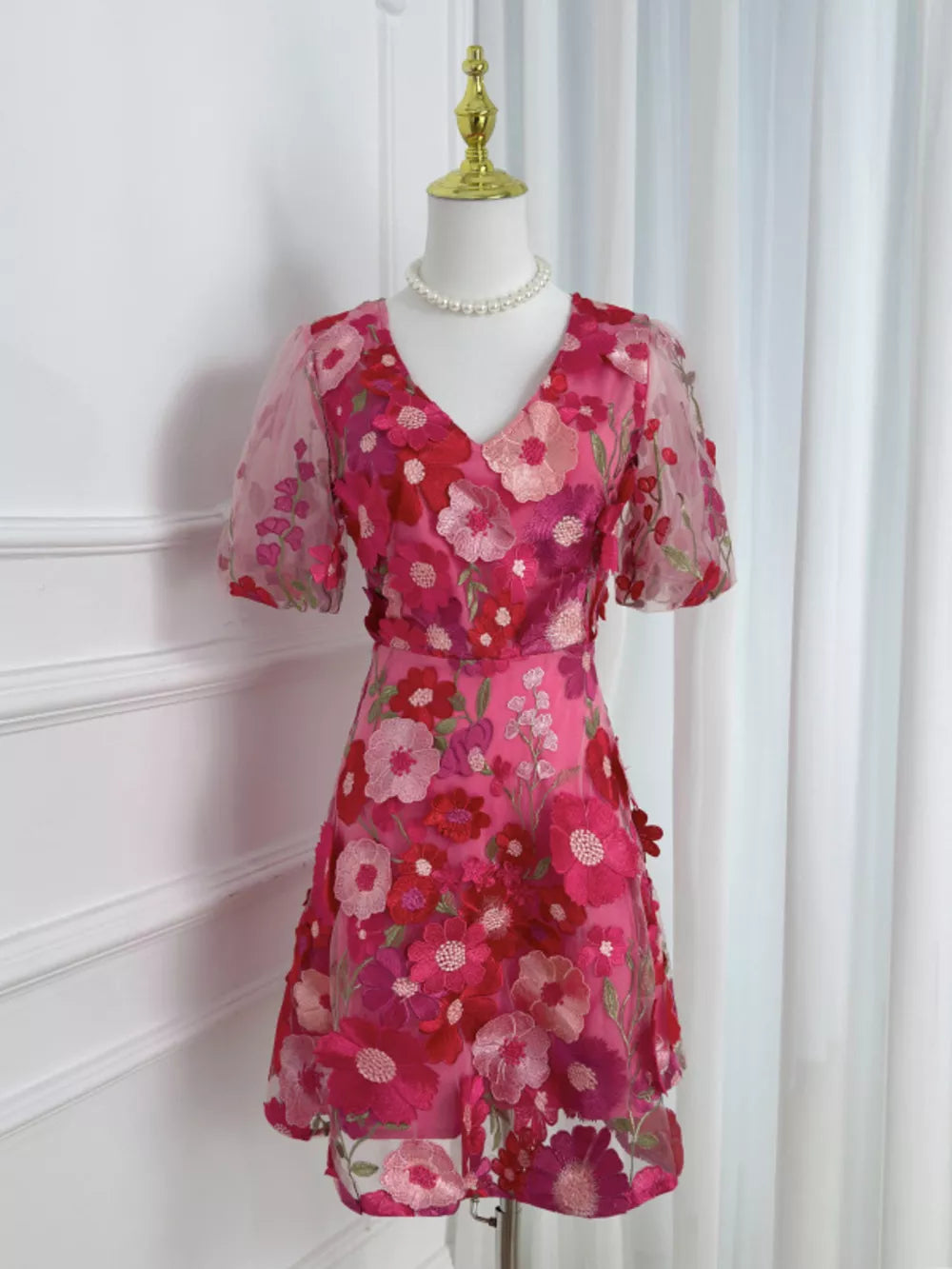 Floral Embroidery V-neck Mini Dress