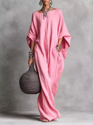 Loose Fit Boat Neck Maxi Dress in White, back view