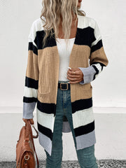 Open-front cardigan with textured stripes in camel, black, white, and grey acrylic.
