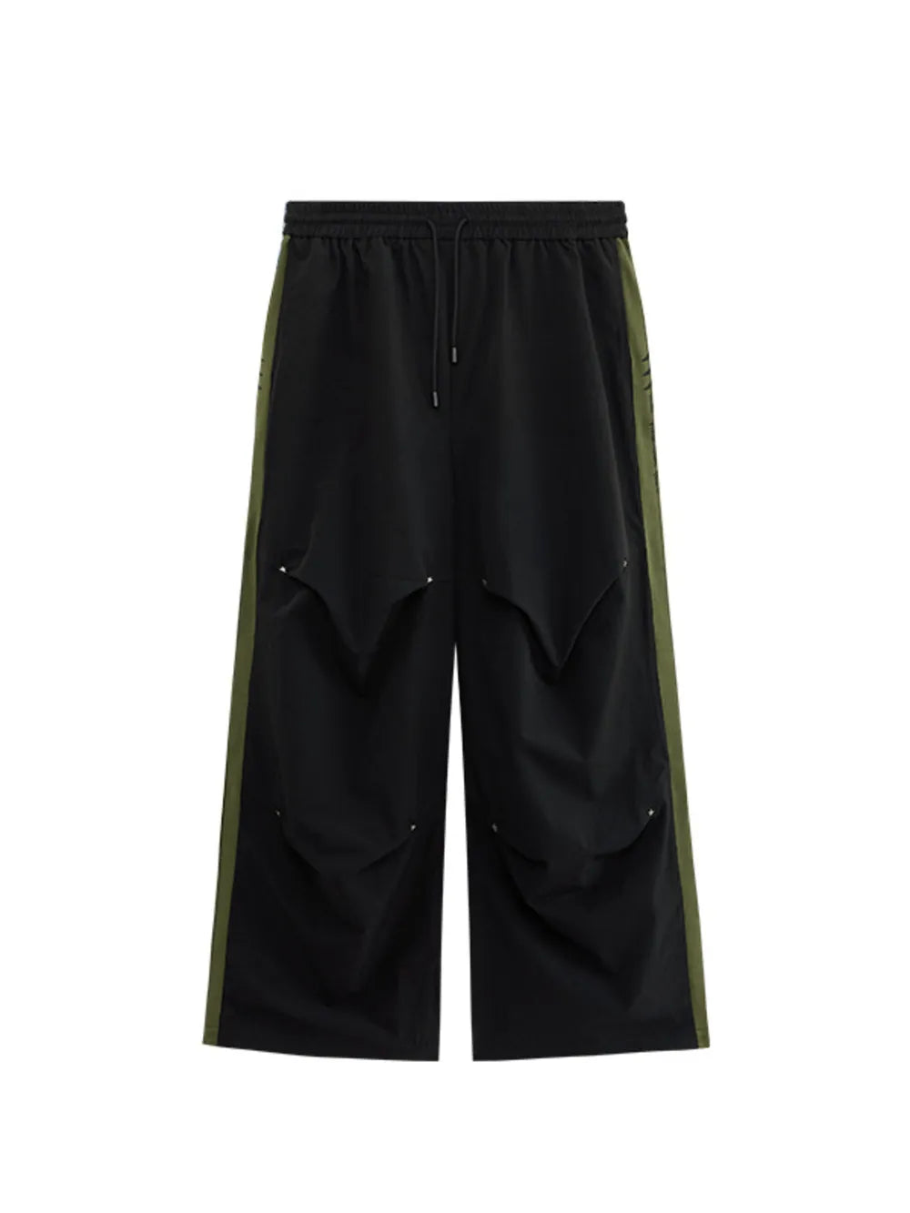 Black relaxed fit sweatpants with drawstring and olive green side stripe detail.
