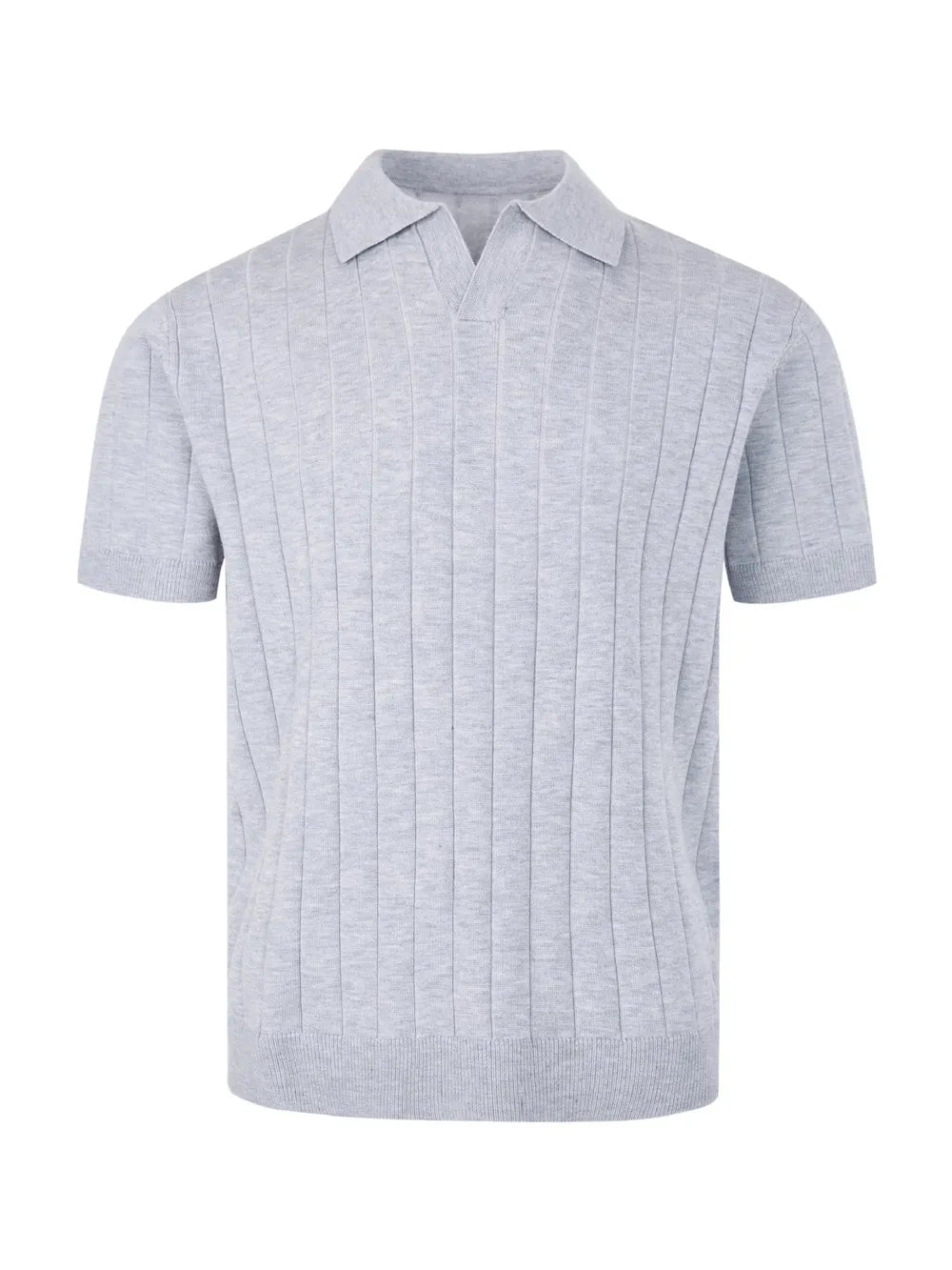 Light gray ribbed knit polo shirt with short sleeves and a classic collar.