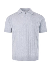 Light gray ribbed knit polo shirt with short sleeves and a classic collar.