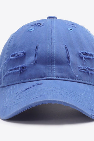 Cobalt blue distressed baseball cap with frayed details