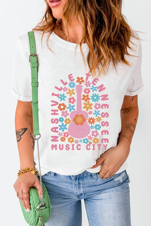 White t-shirt with Nashville Tennessee Music City graphic and floral guitar design