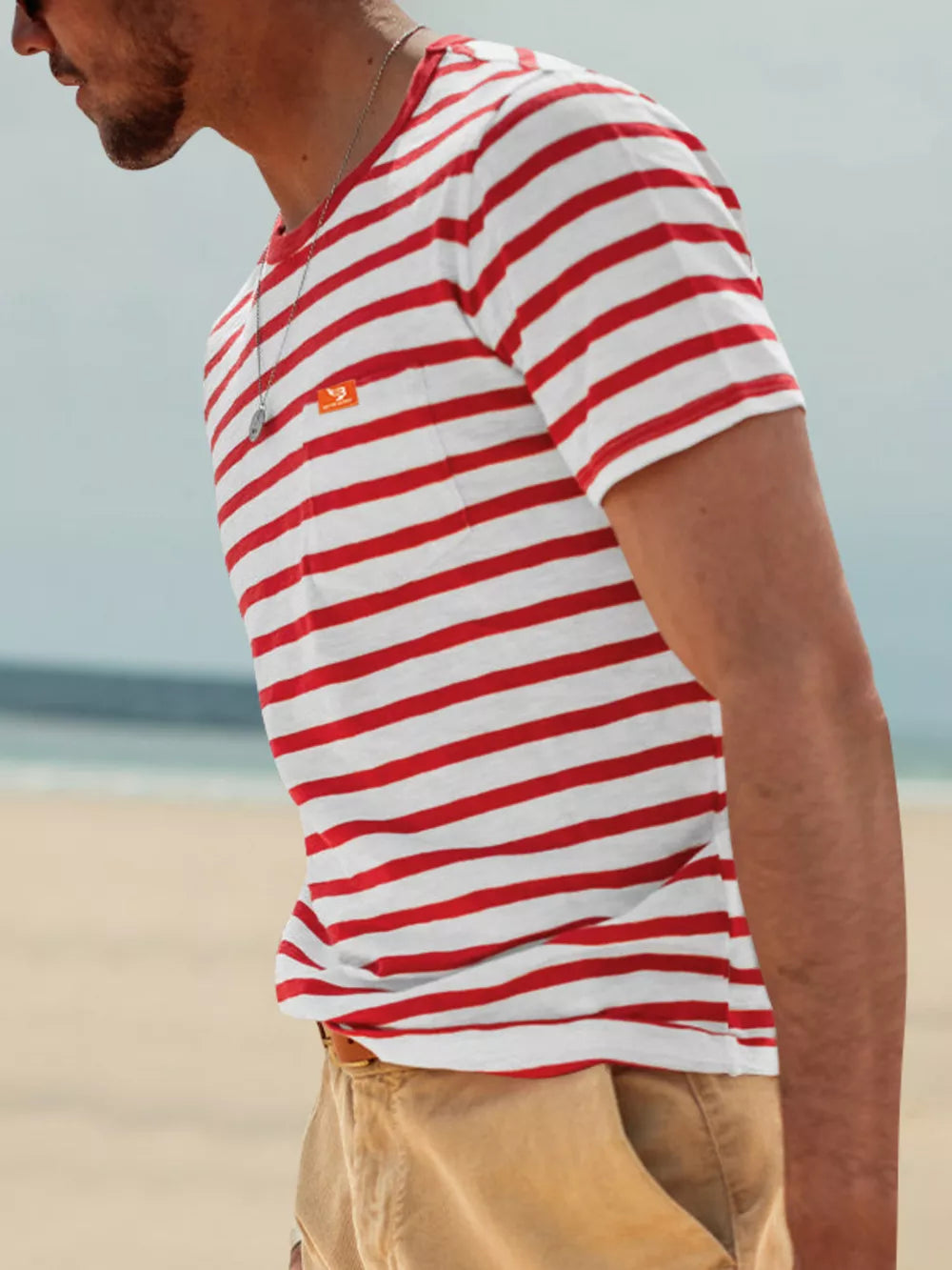 Men's Full Size Striped Pocket Short Sleeve T-shirt in Navy Blue, close-up detail