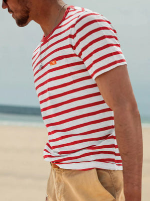Men's Full Size Striped Pocket Short Sleeve T-shirt in Navy Blue, close-up detail