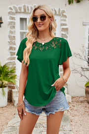 Mid Green tee with lace yoke and flutter sleeves, crew neck.