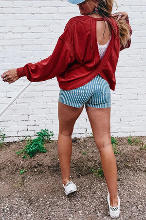 Ribbed Drop Shoulder Cutout Back Sweatshirt in Burgundy, side view