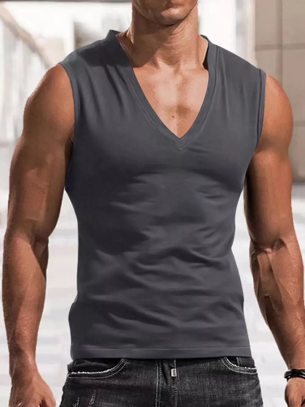Men's Full Size V-neck Tank Top Plus Size in Royal Blue, front view
