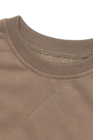 Camel relaxed fit loungewear sweatshirt with crew neck and contrast stitching detail.