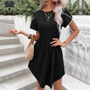 Black day dress with scalloped sleeves and a cinched waist.