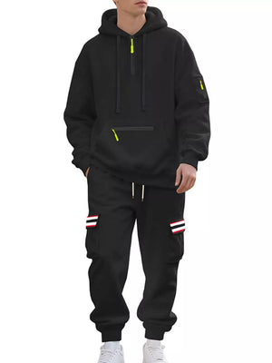 Men's Casual Half-zip Hoodie And Cargo Pants Set in Navy Blue, view 11