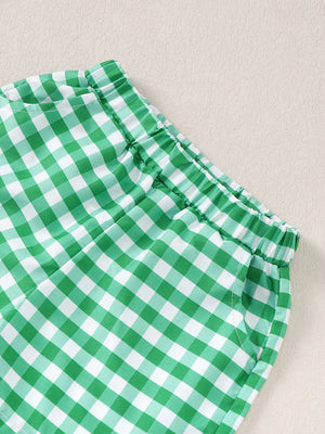 Children's Turtle Round Neck Top And Gingham Shorts Set, model styling view