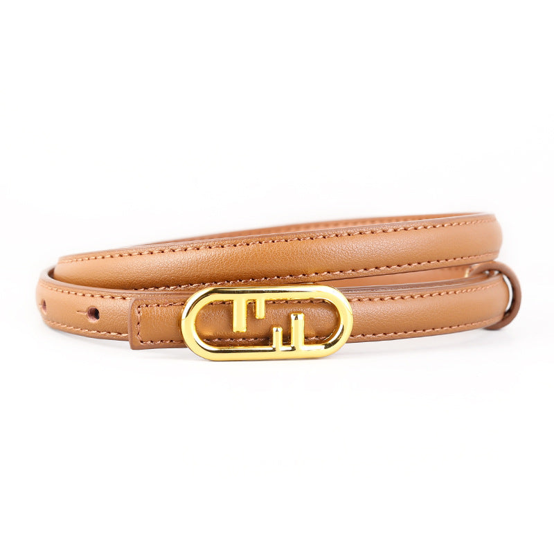 Caramel leather belt with oval gold buckle