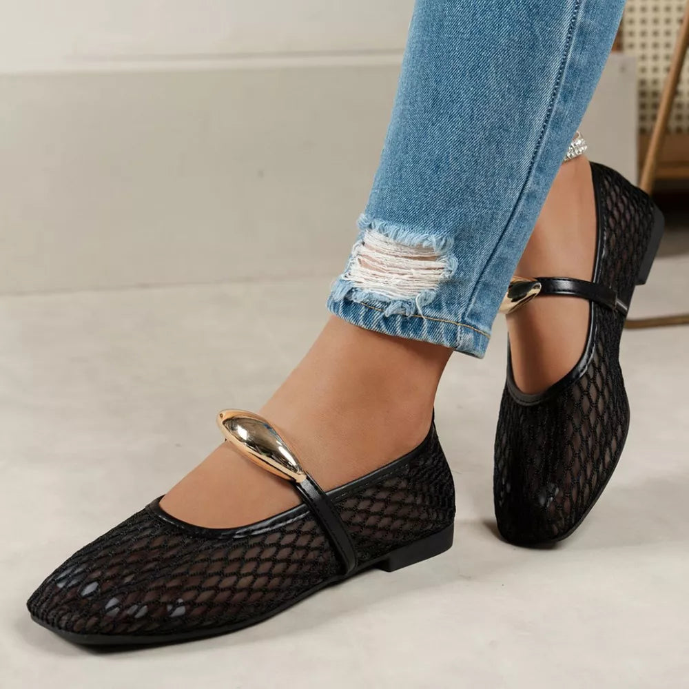 Square Toe Mesh Slip-on Flats, close-up detail