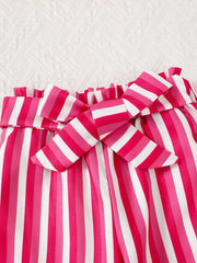 Pink and white striped pants with a bowknot detail and ruffled waist.