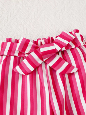 Pink and white striped pants with a bowknot detail and ruffled waist.
