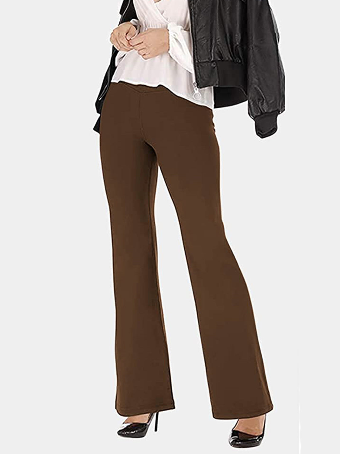 V-waist flare leggings in Coffee Brown, styled with a white top and black jacket.