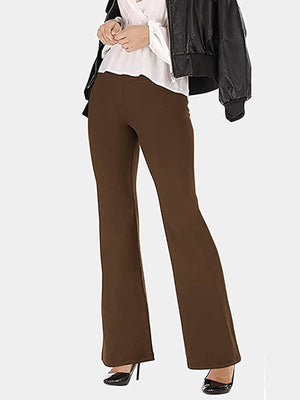 V-waist flare leggings in Coffee Brown, styled with a white top and black jacket.