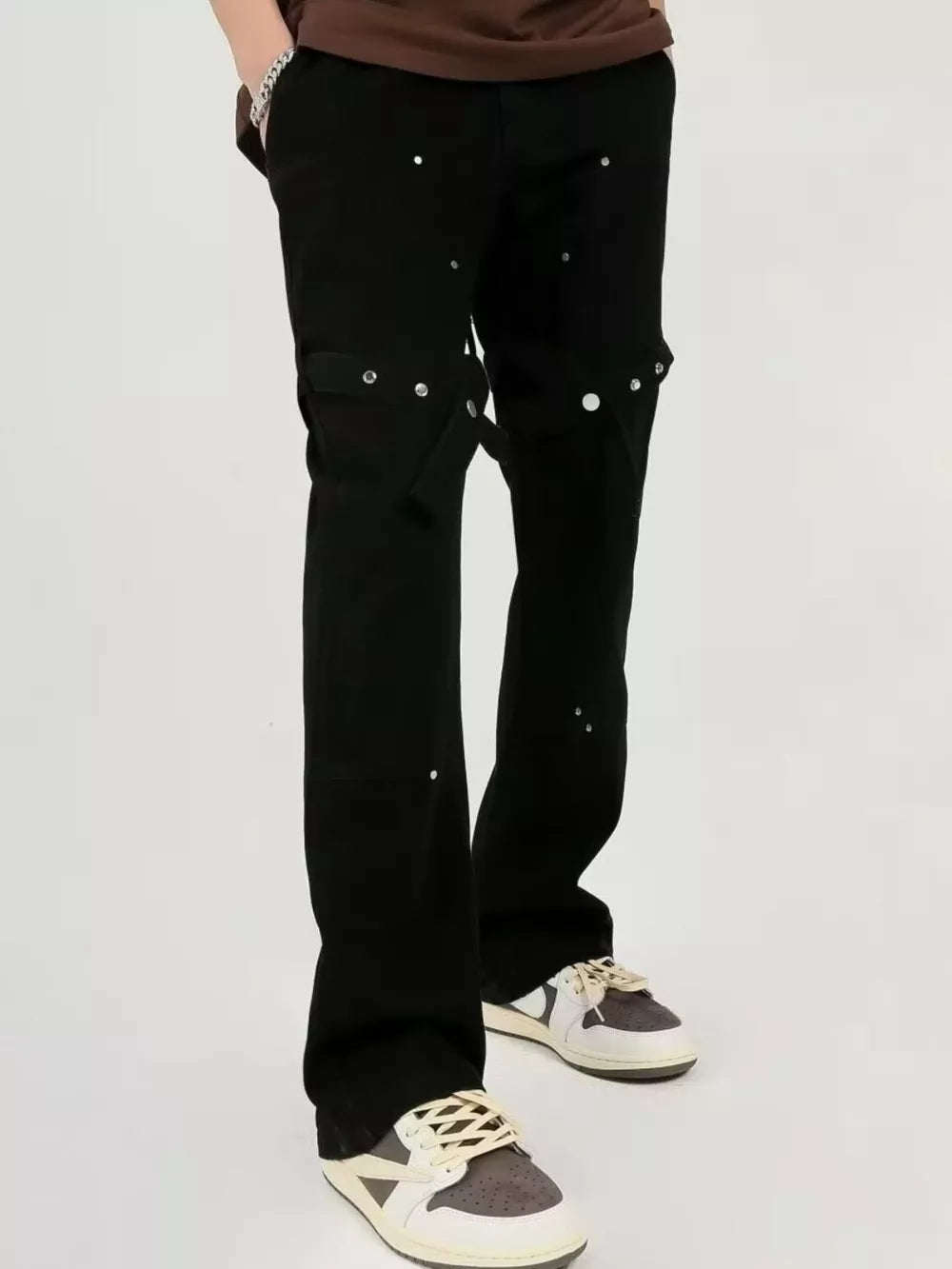 Men's Plus Size Stud Embellished Bootcut Pants in Black, side view