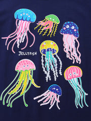 Navy cotton t-shirt with colorful jellyfish graphic and text.