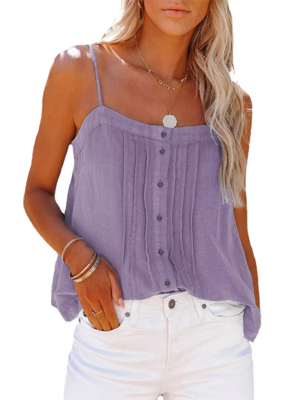 Pleated Button-down Spaghetti Strap Cami in Khaki, front view