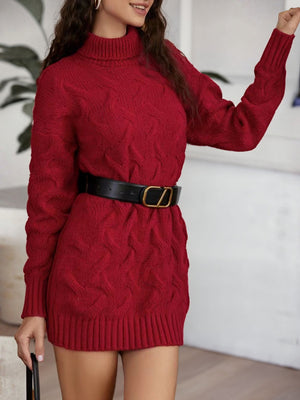 Burgundy cable knit turtleneck mini dress with long sleeves and a black belt.