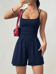 Ruched Spaghetti Strap Romper in Olive Green, product detail