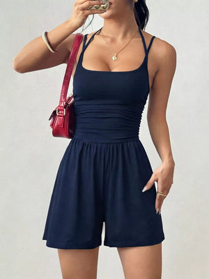 Ruched Spaghetti Strap Romper in Olive Green, product detail