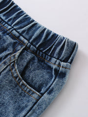 Toddler blue denim jeans with elastic waistband and pocket detail.